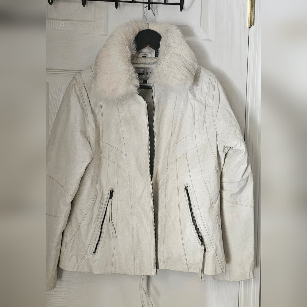 Monroe and Main Women Leather Jacket Size L Detachable Rabbit Fur